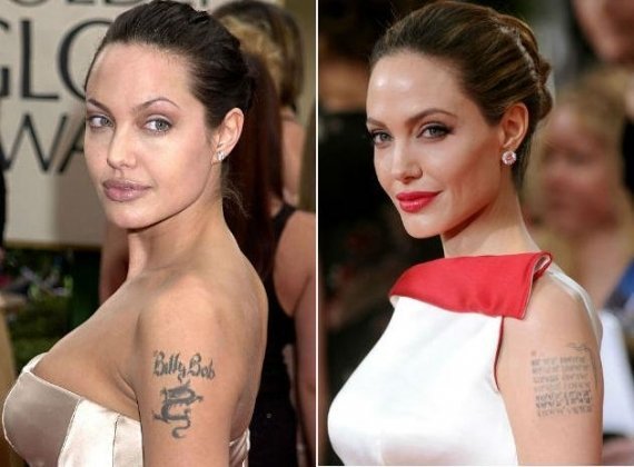 Poucos se lembram, mas a atriz Angelina Jolie tinha um dragão com o nome do ex-marido, o ator Billy Thorton, em seu braço. Ao remover a tatuagem, ela tatuou as coordenadas geográficas dos locais onde seus filhos nasceram.